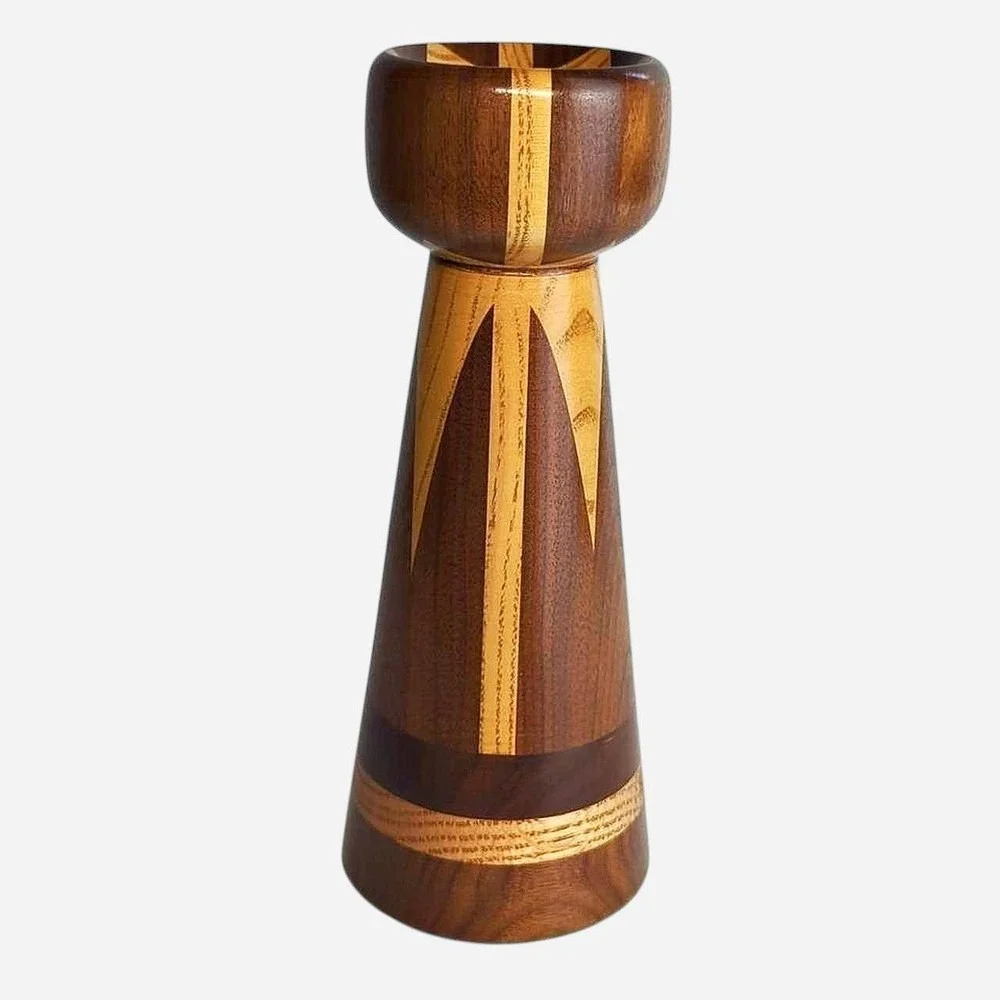 Vintage 1970s Hand Turned Multi-Wood Inlay Candlestick Taper Holder 10 Inch